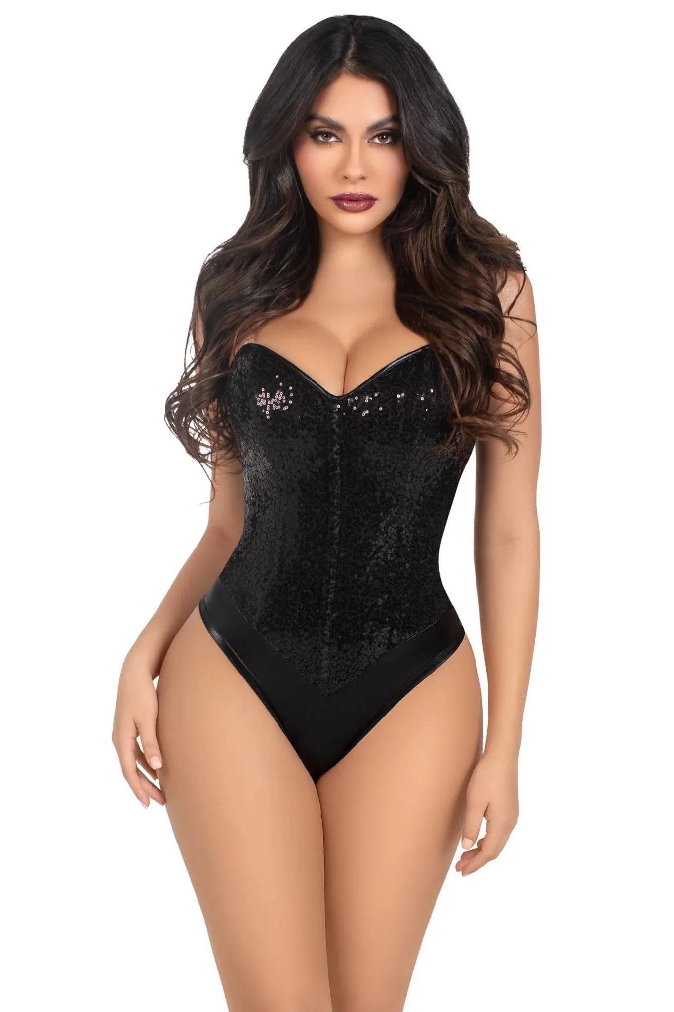 2Pc Sequin Boned Snap Crotch Bodysuit with Detachable Clear Straps Black