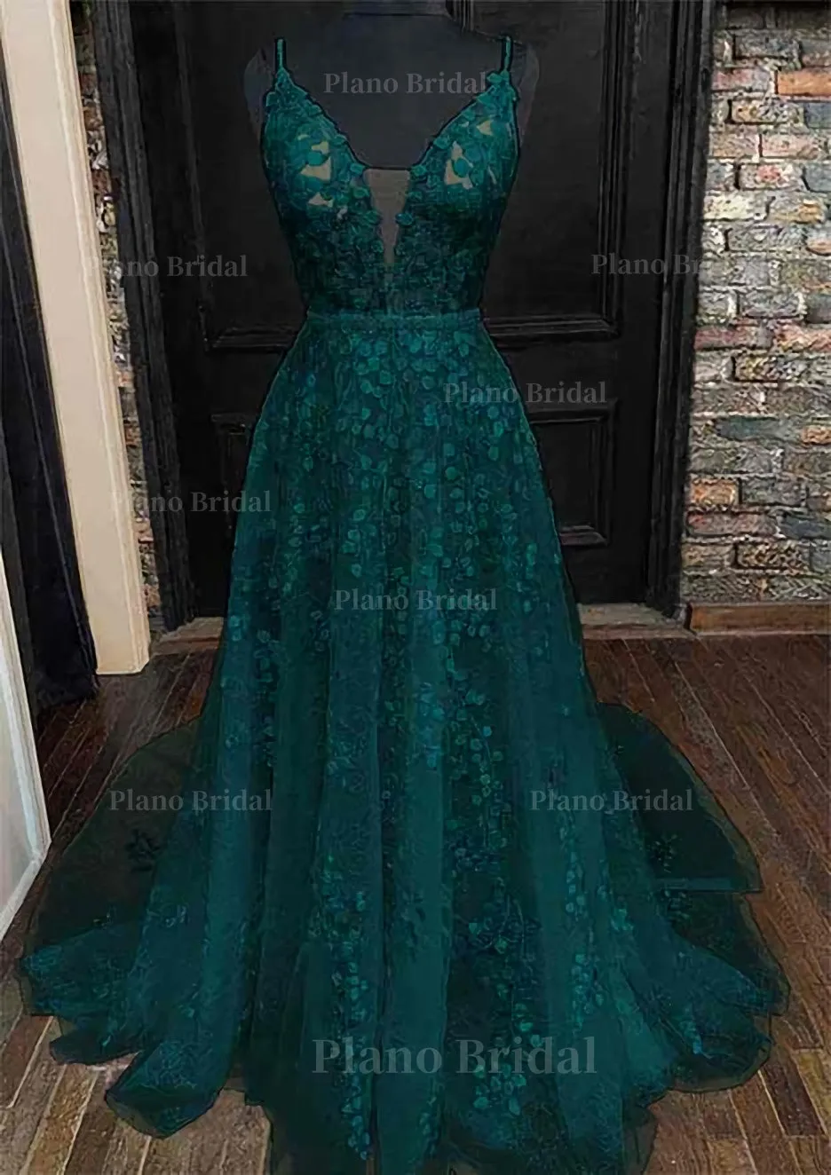 A-line V Neck Sleeveless Lace Court Train Prom Dress With Pleated