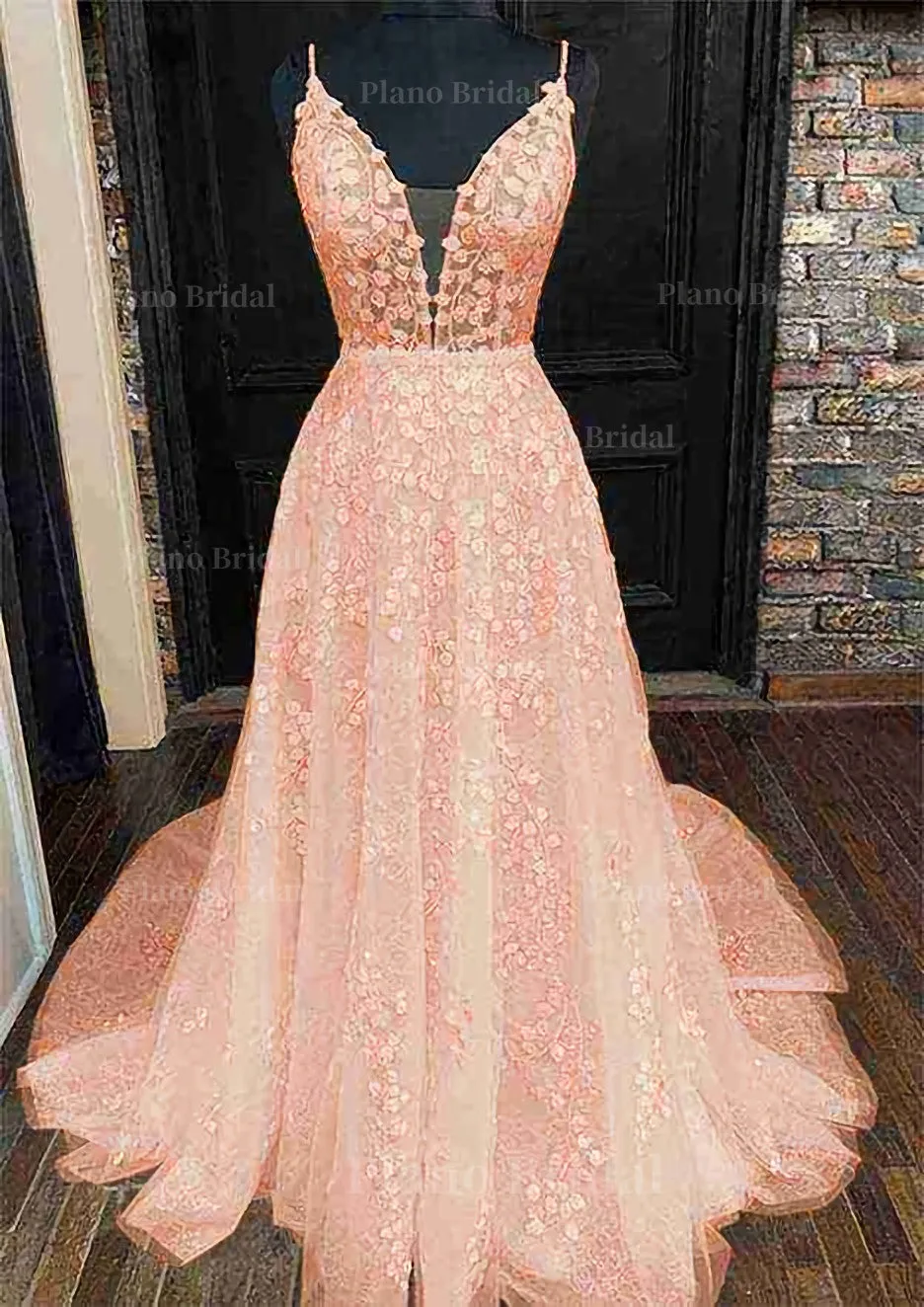 A-line V Neck Sleeveless Lace Court Train Prom Dress With Pleated