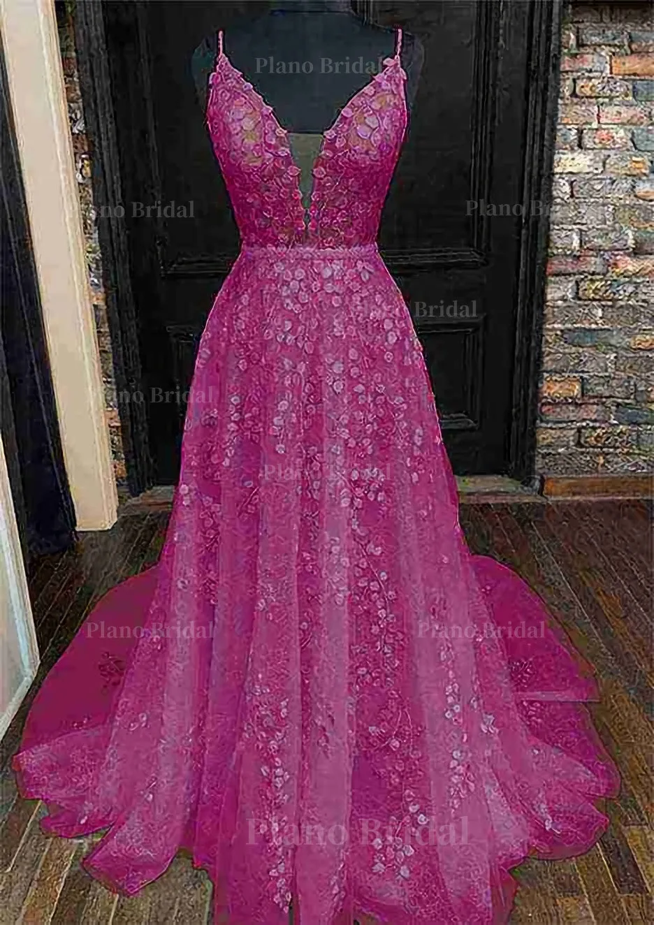 A-line V Neck Sleeveless Lace Court Train Prom Dress With Pleated