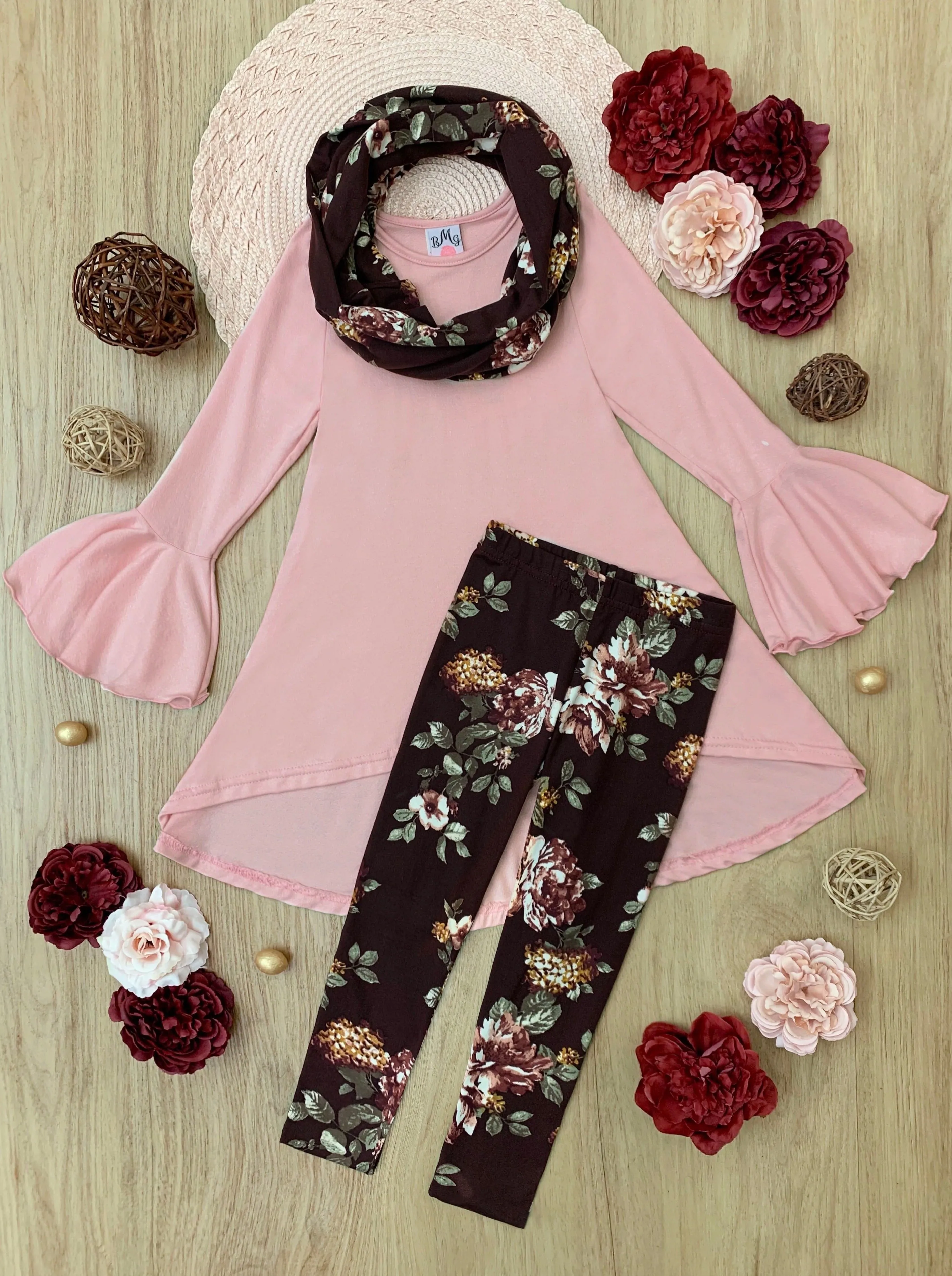 Abigail Pink Tunic, Floral Scarf And Legging Set