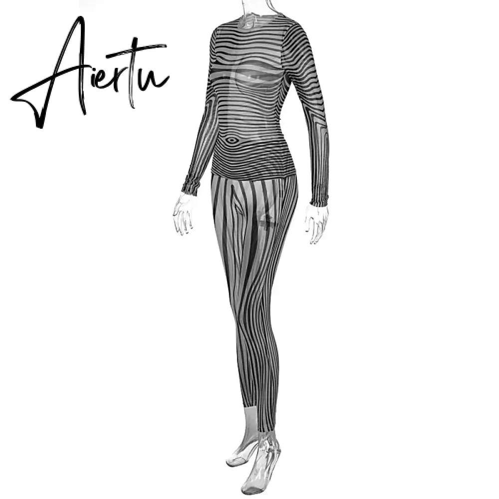 Aiertu Summer Fall Women Fashion Zebra Print See Through Long Sleeves Top Leggings 2 Pieces Set Sexy Y2K Streetwear Slim