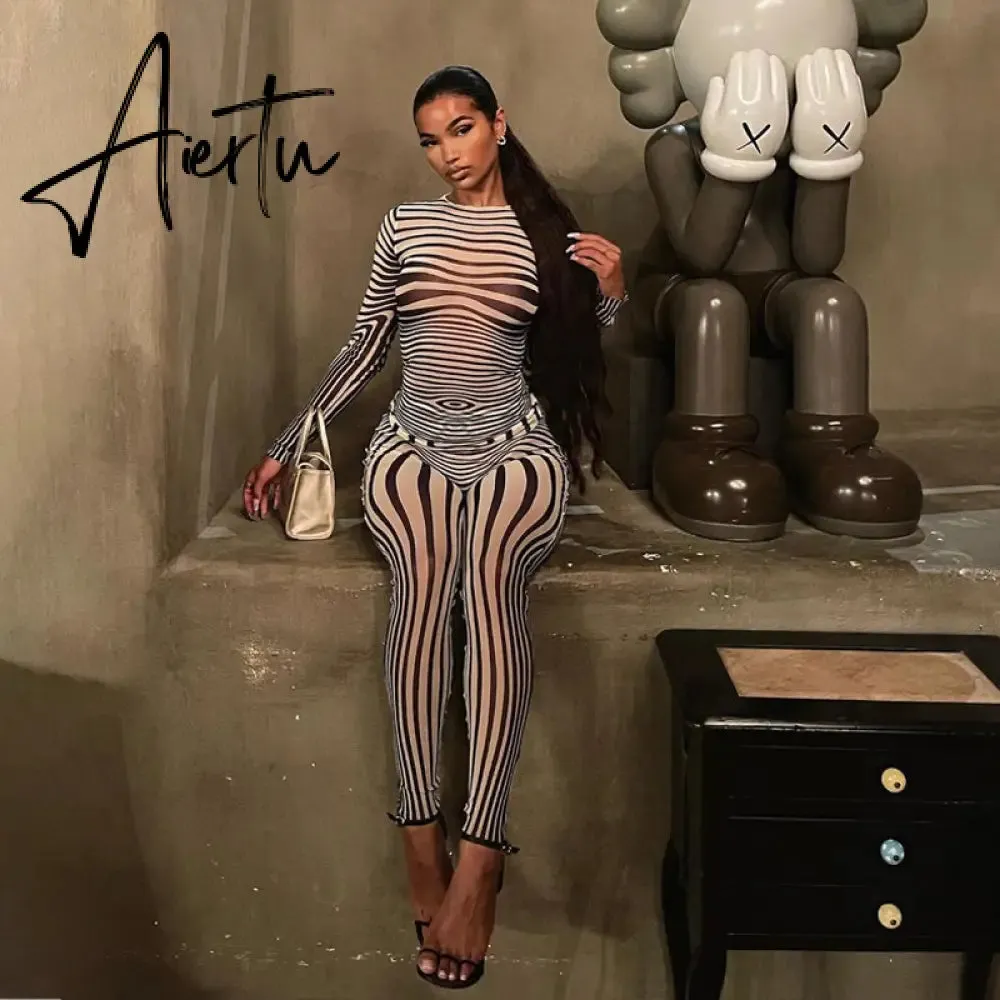 Aiertu Summer Fall Women Fashion Zebra Print See Through Long Sleeves Top Leggings 2 Pieces Set Sexy Y2K Streetwear Slim