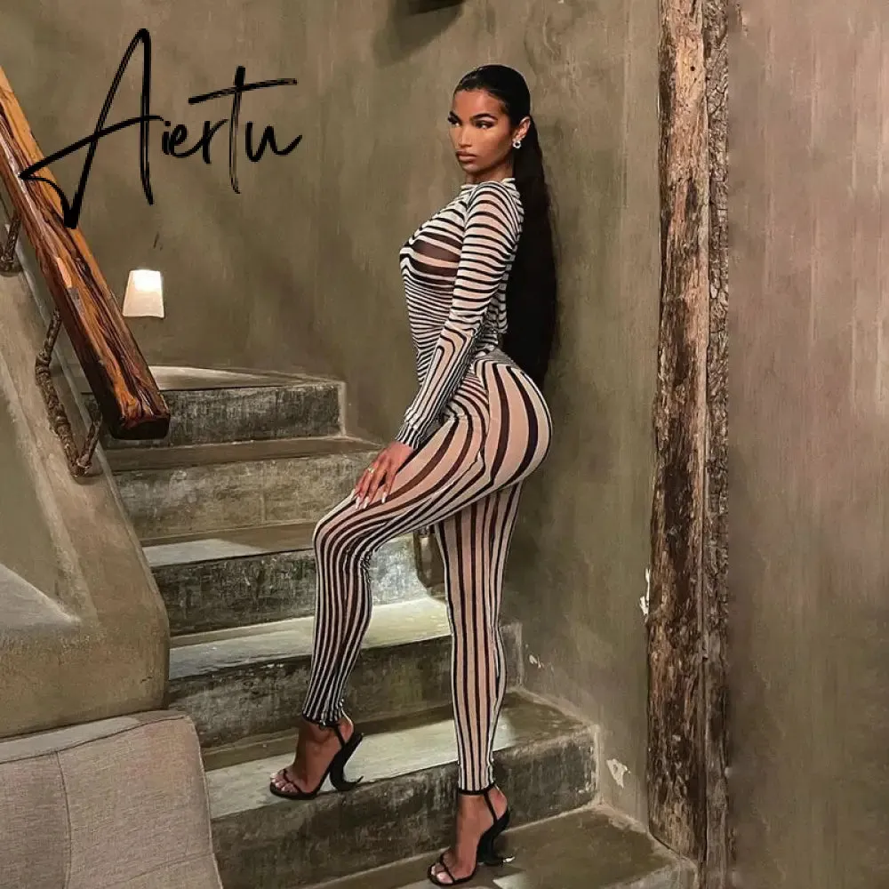 Aiertu Summer Fall Women Fashion Zebra Print See Through Long Sleeves Top Leggings 2 Pieces Set Sexy Y2K Streetwear Slim