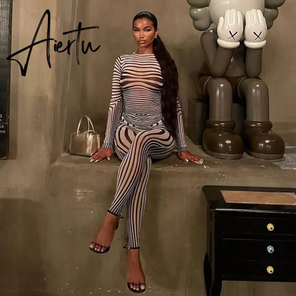 Aiertu Summer Fall Women Fashion Zebra Print See Through Long Sleeves Top Leggings 2 Pieces Set Sexy Y2K Streetwear Slim