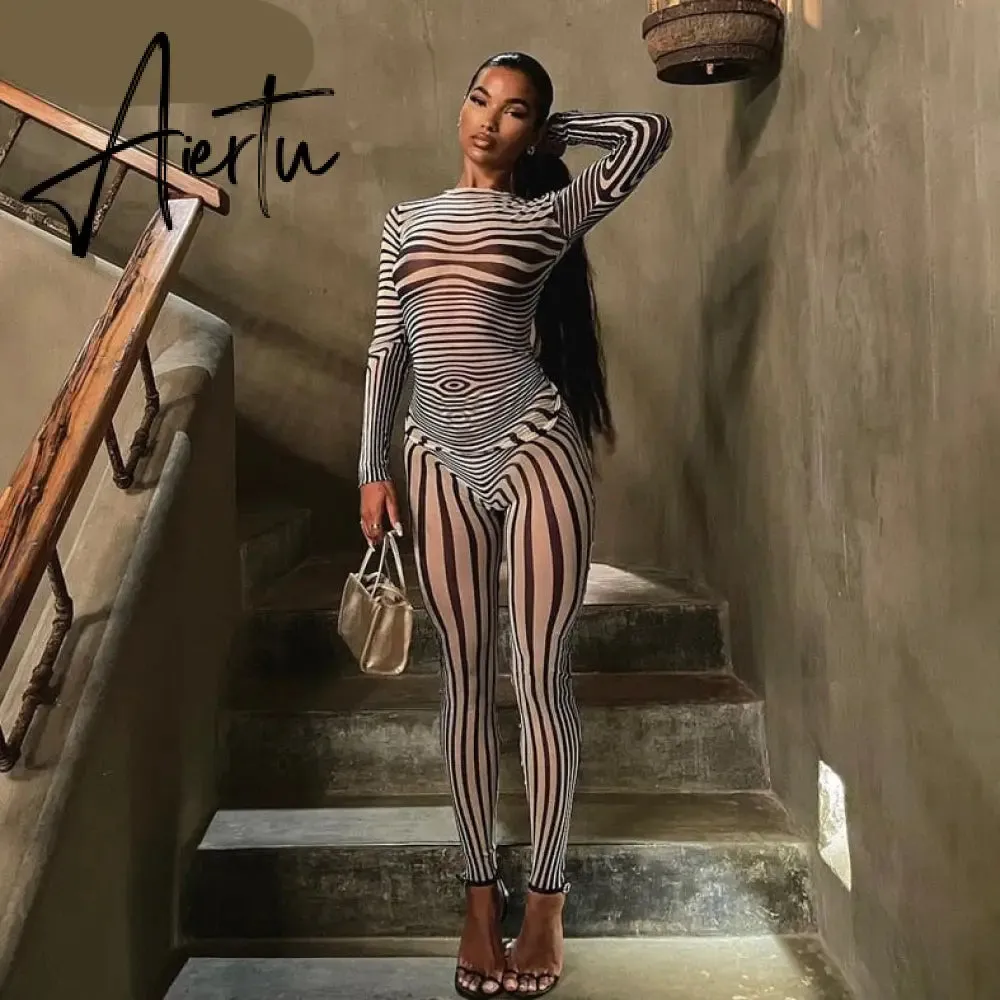 Aiertu Summer Fall Women Fashion Zebra Print See Through Long Sleeves Top Leggings 2 Pieces Set Sexy Y2K Streetwear Slim