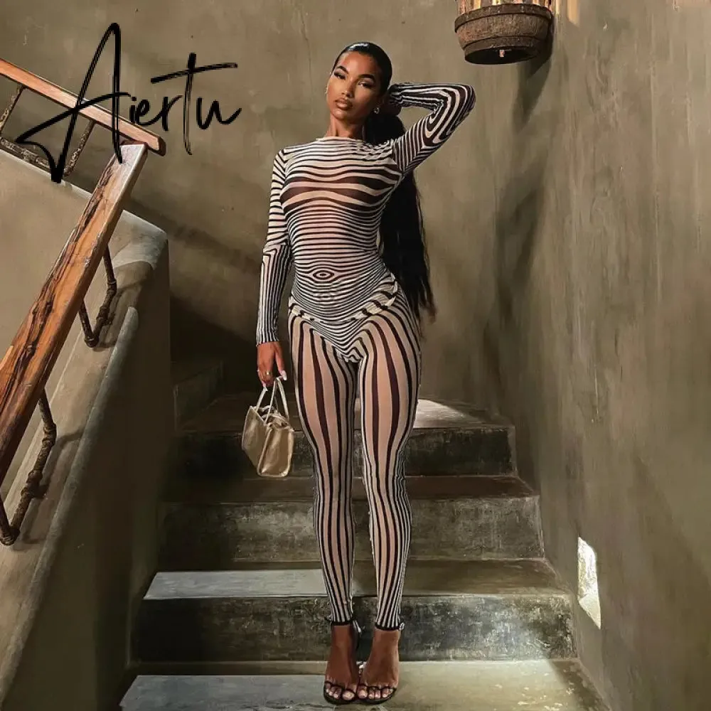 Aiertu Summer Fall Women Fashion Zebra Print See Through Long Sleeves Top Leggings 2 Pieces Set Sexy Y2K Streetwear Slim