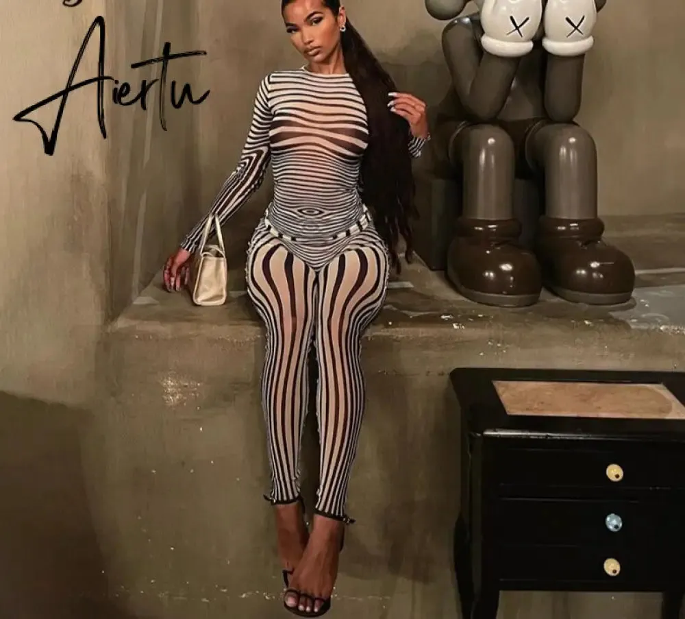 Aiertu Summer Fall Women Fashion Zebra Print See Through Long Sleeves Top Leggings 2 Pieces Set Sexy Y2K Streetwear Slim