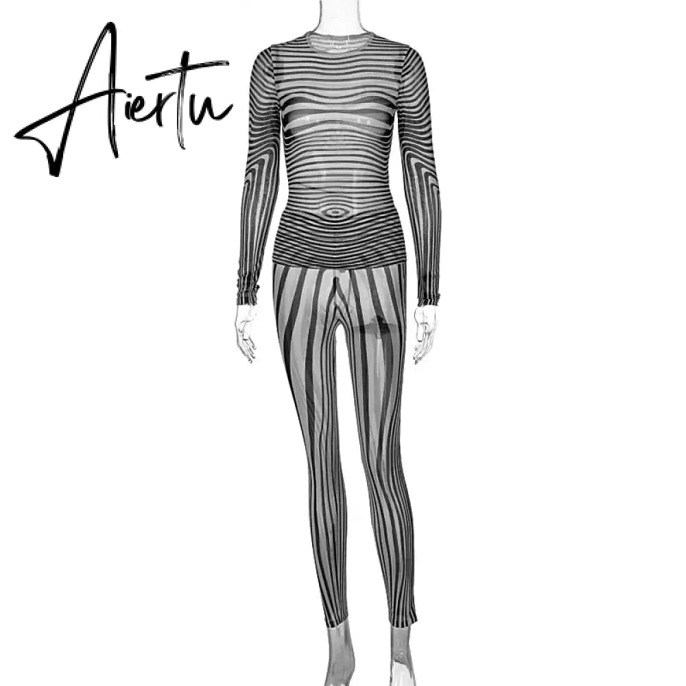 Aiertu Summer Fall Women Fashion Zebra Print See Through Long Sleeves Top Leggings 2 Pieces Set Sexy Y2K Streetwear Slim