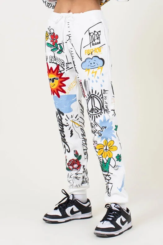 Allover Hand Drawing & Chenille Patch Jogger Pants White