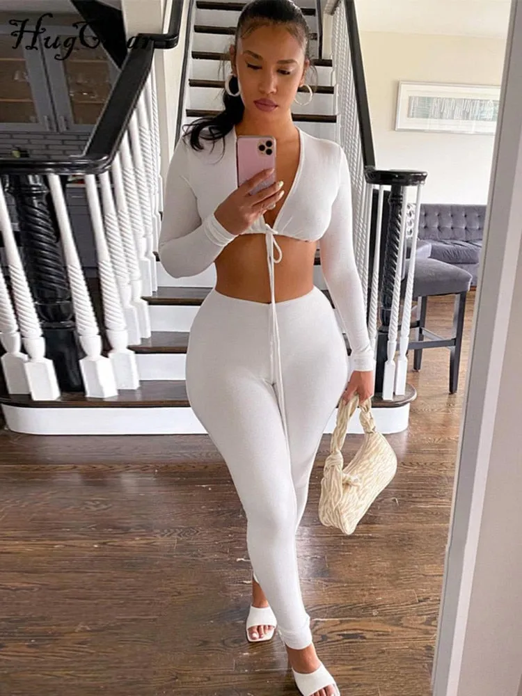 Amozae-   Summer Solid Long Sleeves Bandage V Neck Crop Top Leggings 2 Pieces Set Bodycon   Party Club Y2K