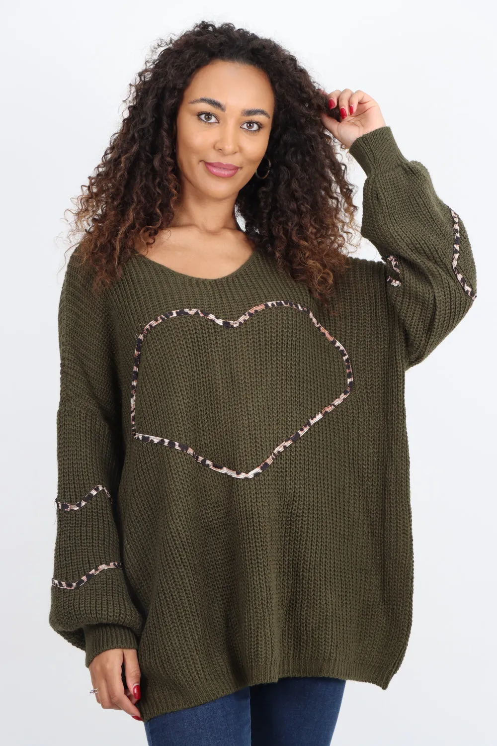 Animal Print Heart Outline  Oversized  Jumper Top