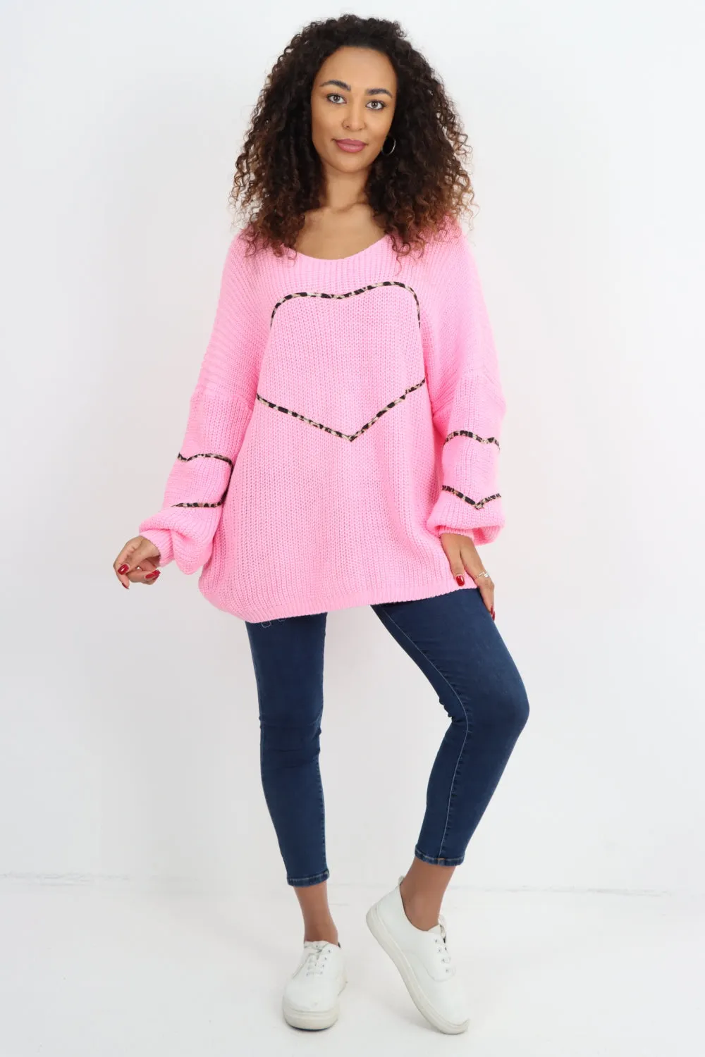 Animal Print Heart Outline  Oversized  Jumper Top