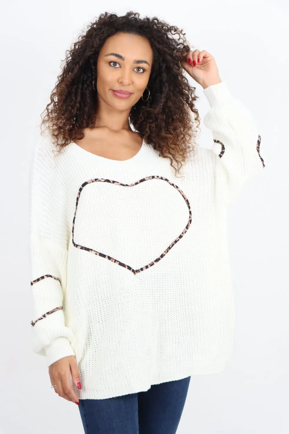 Animal Print Heart Outline  Oversized  Jumper Top