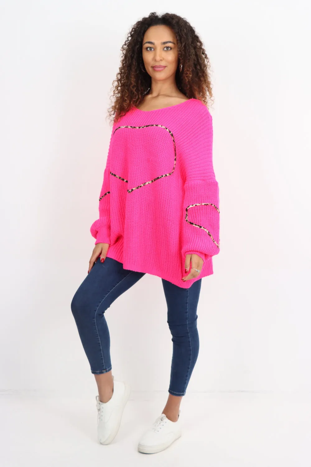 Animal Print Heart Outline  Oversized  Jumper Top