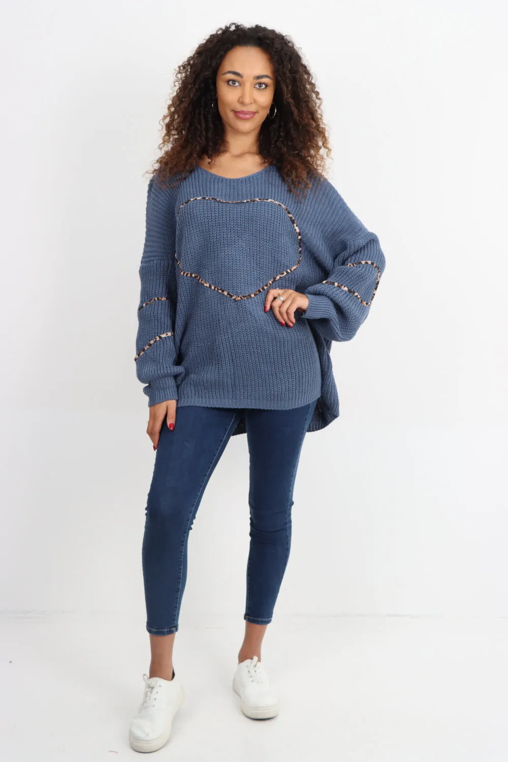 Animal Print Heart Outline  Oversized  Jumper Top