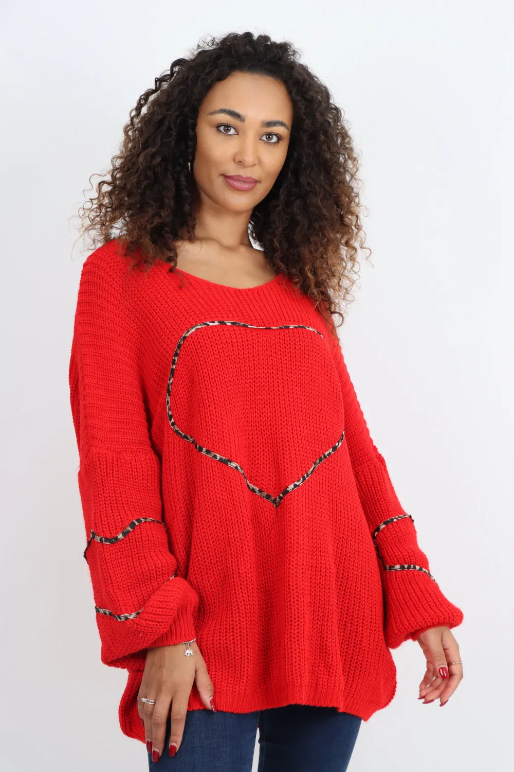 Animal Print Heart Outline  Oversized  Jumper Top