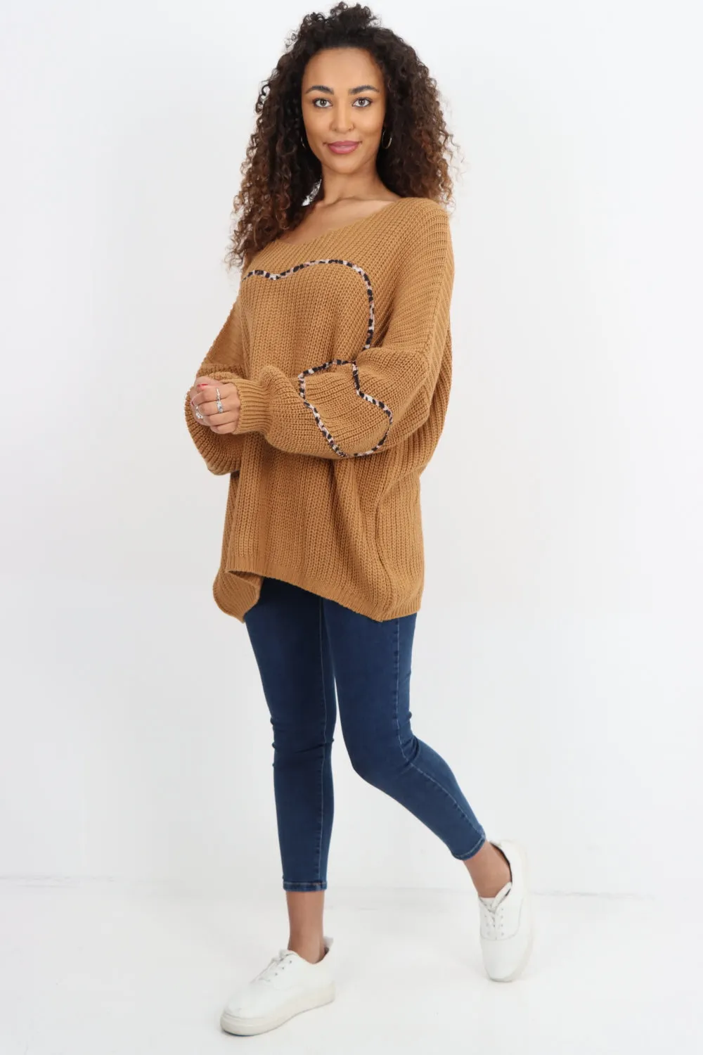 Animal Print Heart Outline  Oversized  Jumper Top