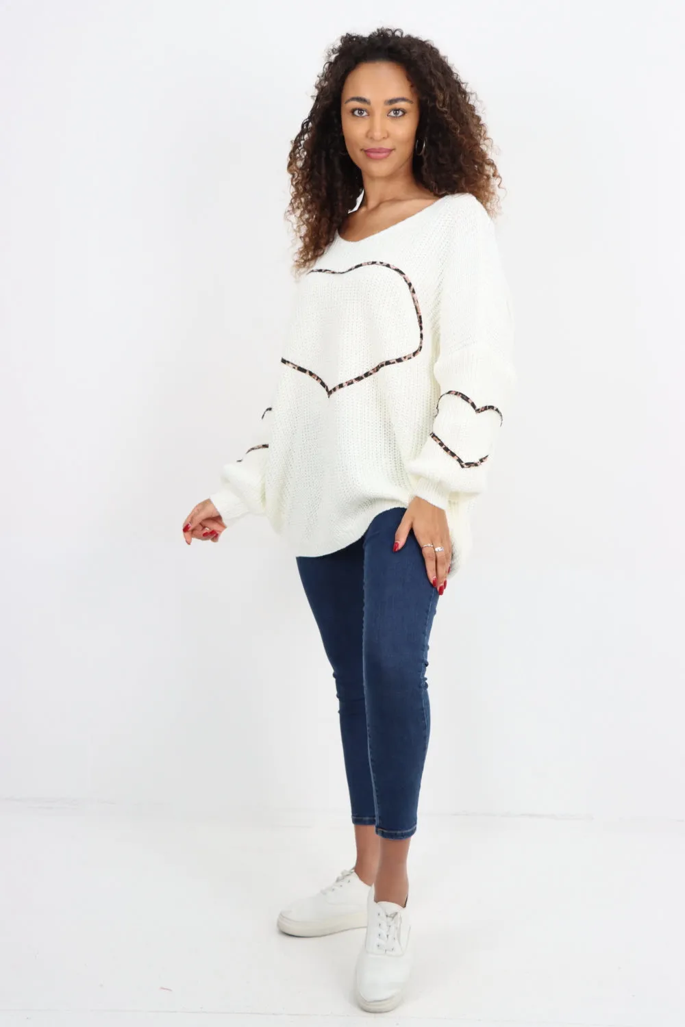 Animal Print Heart Outline  Oversized  Jumper Top