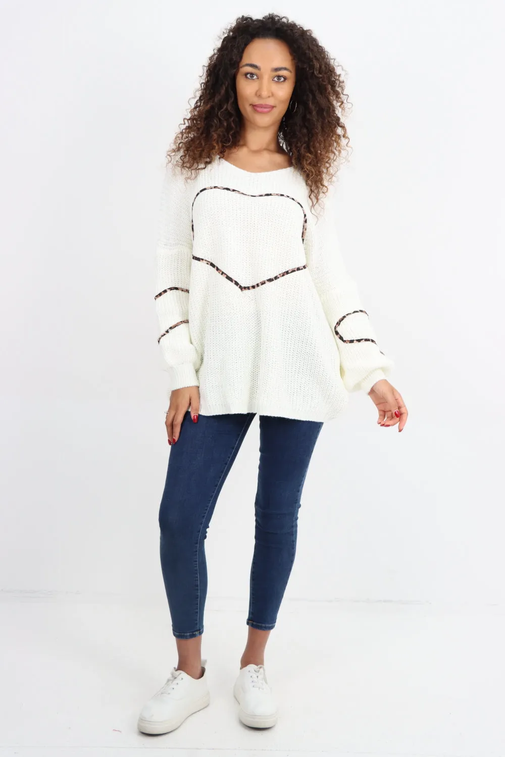 Animal Print Heart Outline  Oversized  Jumper Top