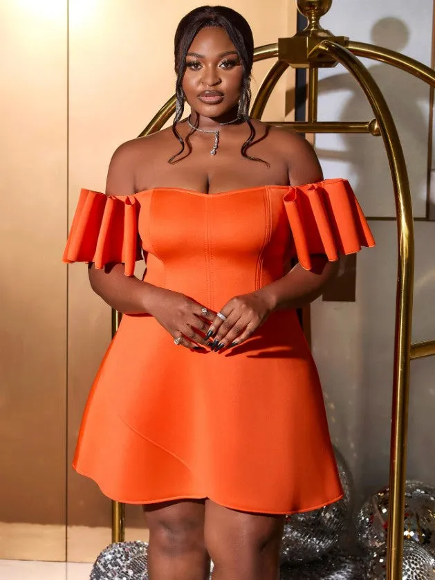 AOMEIDRESS Off Shoulder Orange Dress Backless Short Sleeves A Line