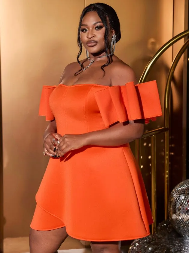 AOMEIDRESS Off Shoulder Orange Dress Backless Short Sleeves A Line