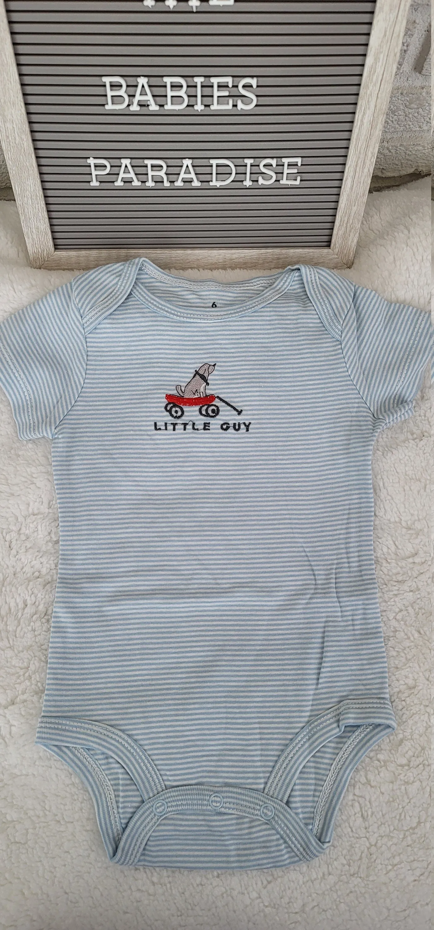 Baby Boy Onesie, Little Guy Doggy Design Onesie,  White/Blue Stripes Onesie, 6 month Baby Boy Onesie, Trendy Onesie, Bodysuit for baby