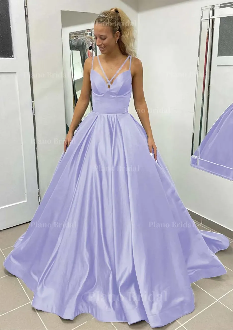 Ball Gown Sleeveless Scalloped Neck Sweep Train Satin Prom Dress With Pleated Pockets