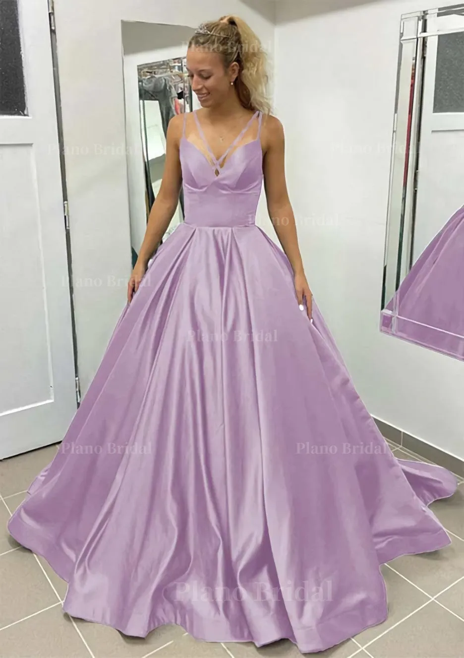 Ball Gown Sleeveless Scalloped Neck Sweep Train Satin Prom Dress With Pleated Pockets