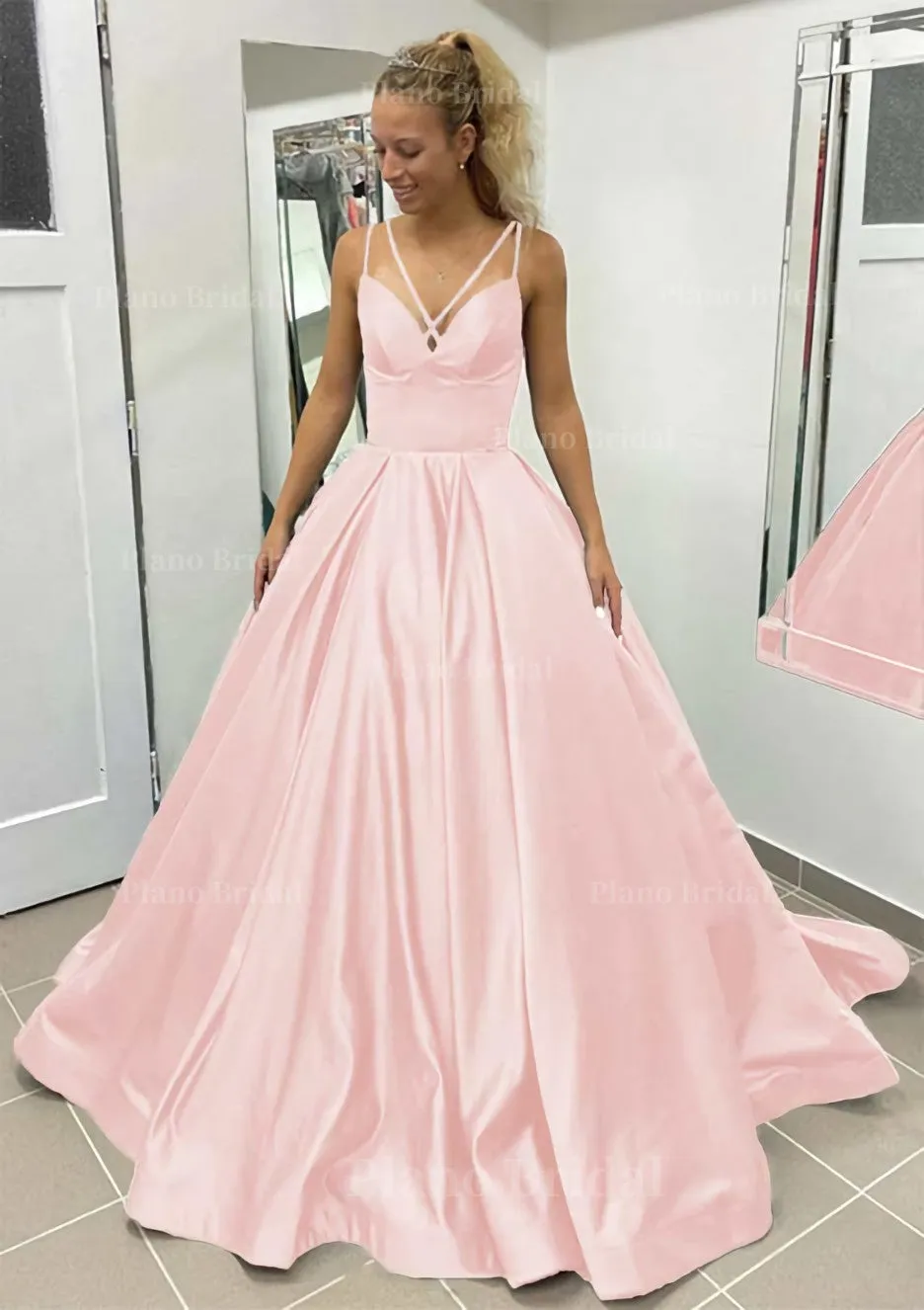 Ball Gown Sleeveless Scalloped Neck Sweep Train Satin Prom Dress With Pleated Pockets