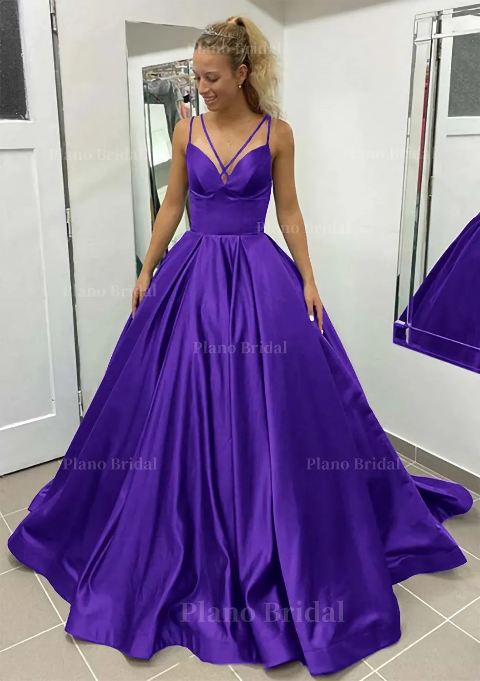 Ball Gown Sleeveless Scalloped Neck Sweep Train Satin Prom Dress With Pleated Pockets