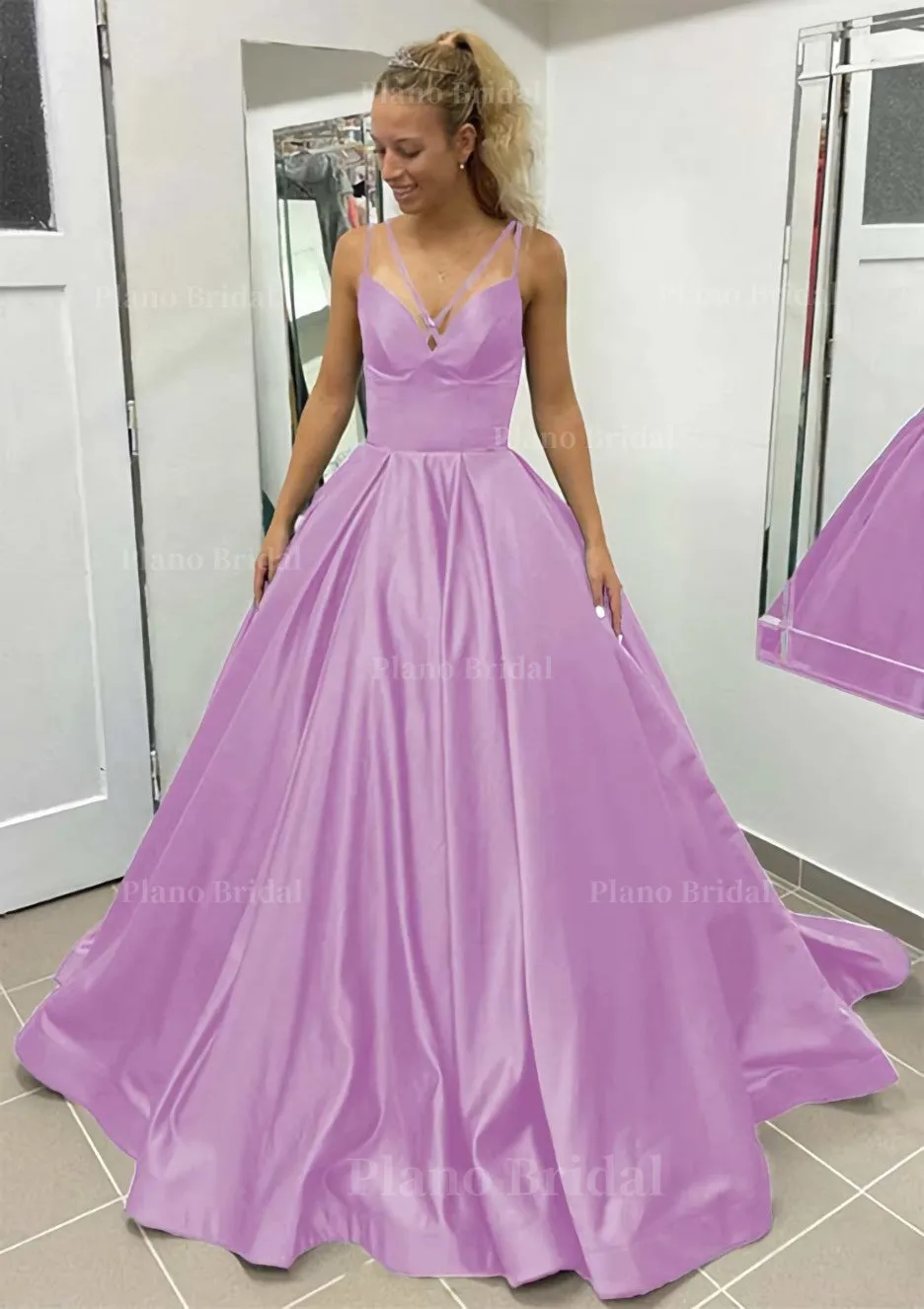 Ball Gown Sleeveless Scalloped Neck Sweep Train Satin Prom Dress With Pleated Pockets