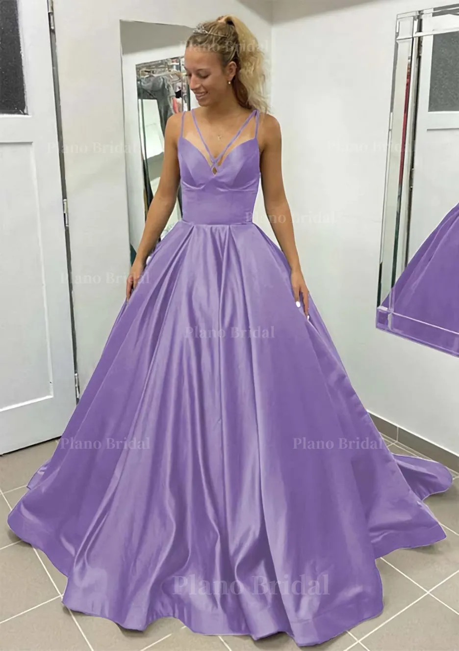 Ball Gown Sleeveless Scalloped Neck Sweep Train Satin Prom Dress With Pleated Pockets