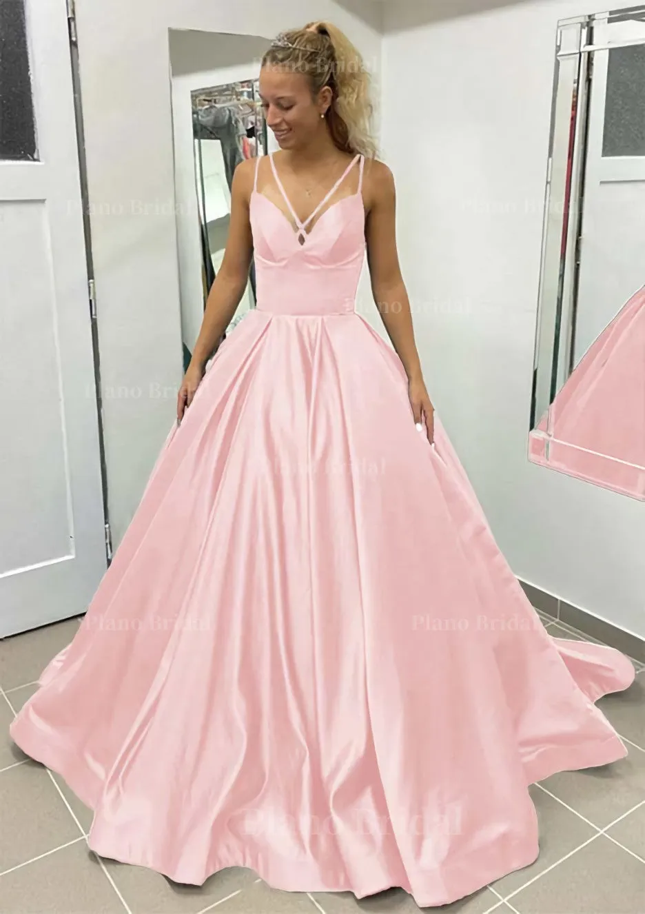 Ball Gown Sleeveless Scalloped Neck Sweep Train Satin Prom Dress With Pleated Pockets