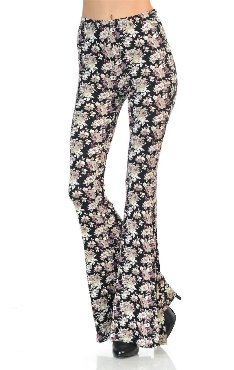 Bell Bottoms Yoga Pants Daisy Floral Pink Black Print