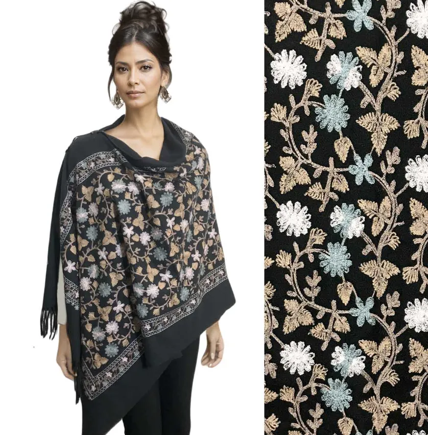 Black Floral Embroidered Button Shawl