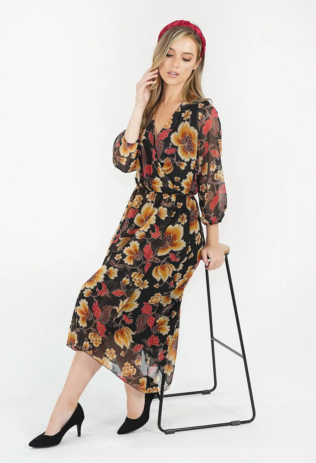 Black Floral Wrap Dress