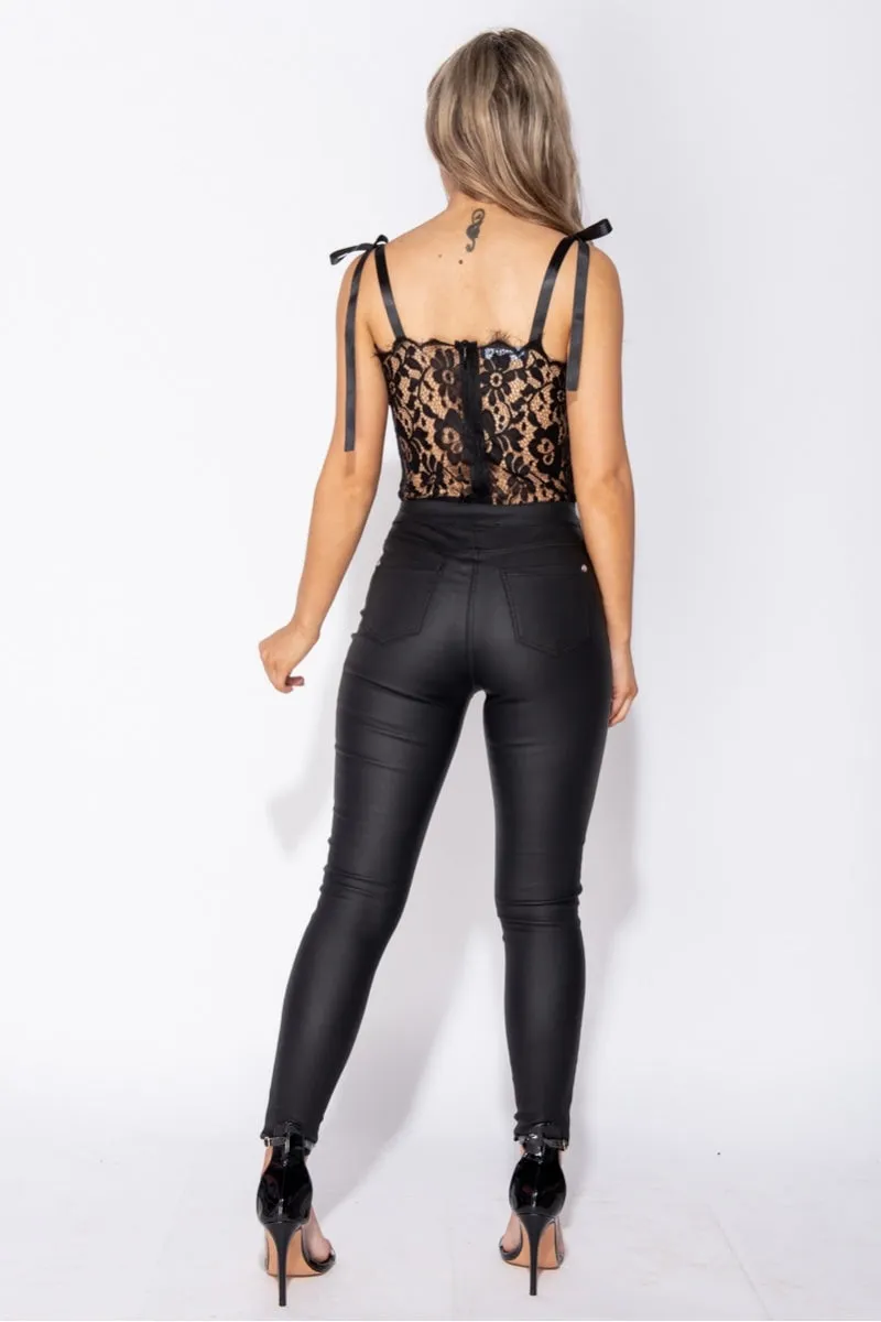 Black Lace Eyelash Ribbon Tie Plunge Front Bodysuit