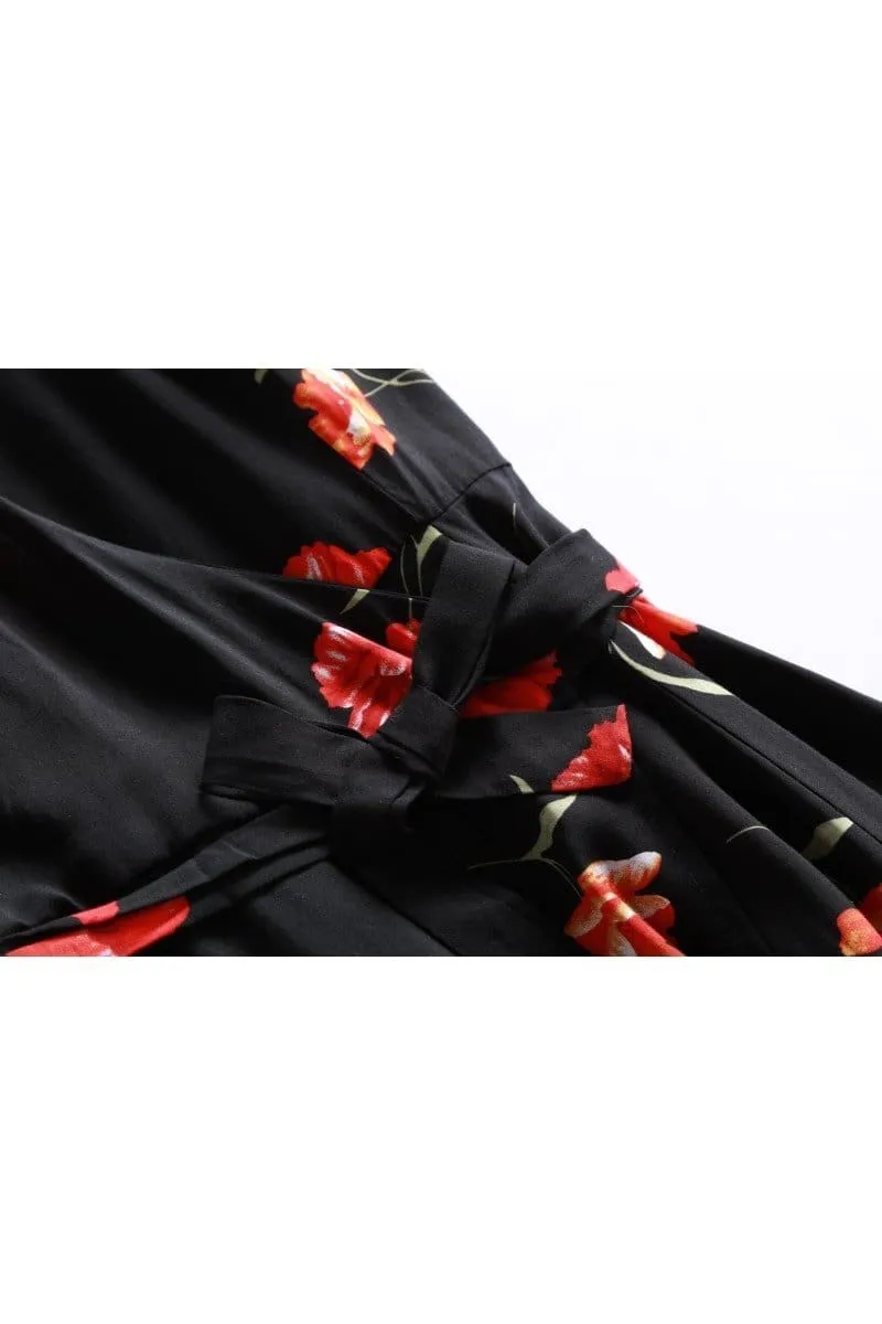 Black Shawl Collared Wrap Dress with Gorgeous Red Peony and Pockets