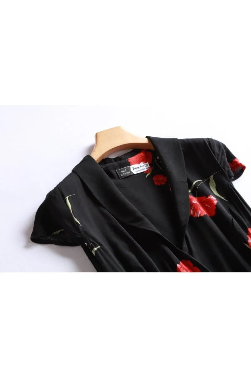 Black Shawl Collared Wrap Dress with Gorgeous Red Peony and Pockets