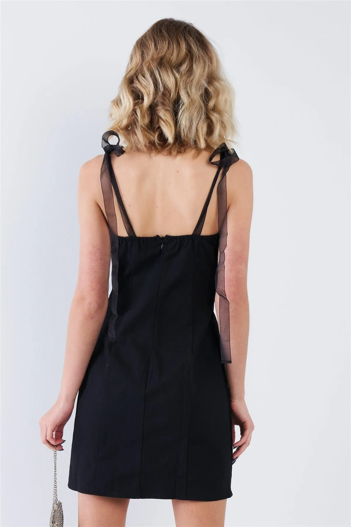 Black Sheer Self Tie Straps Sweetheart Neckline Bodycon Mini Dress