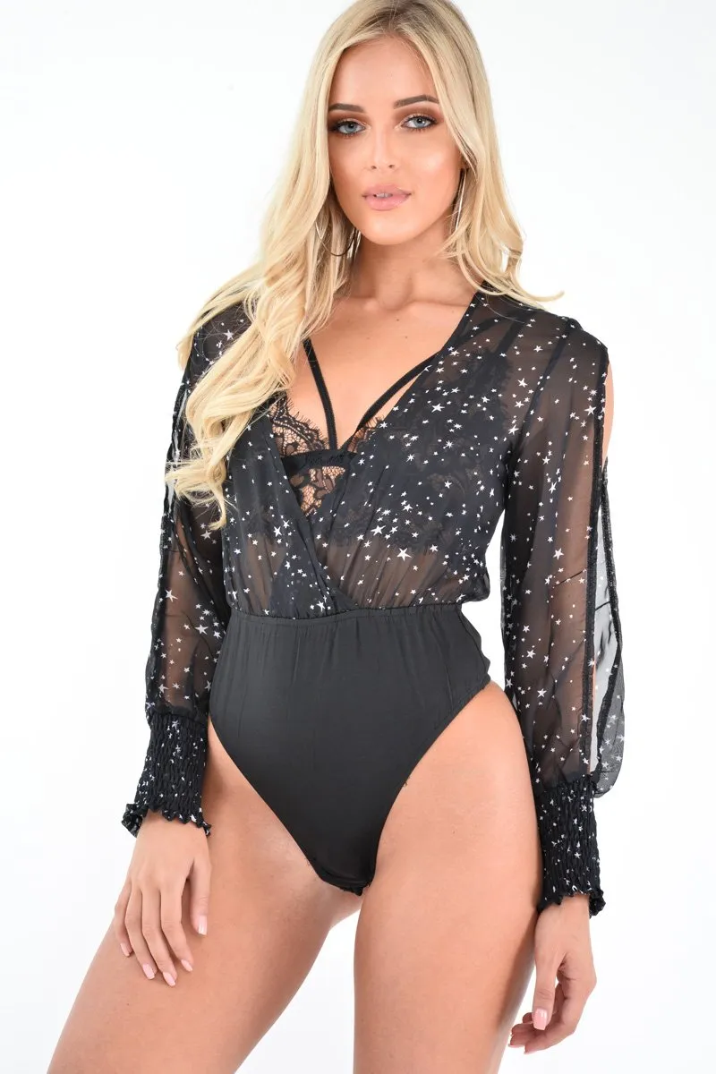 Black Star Print Plunge Shirred Open Sleeve Bodysuit - Dulcemaria