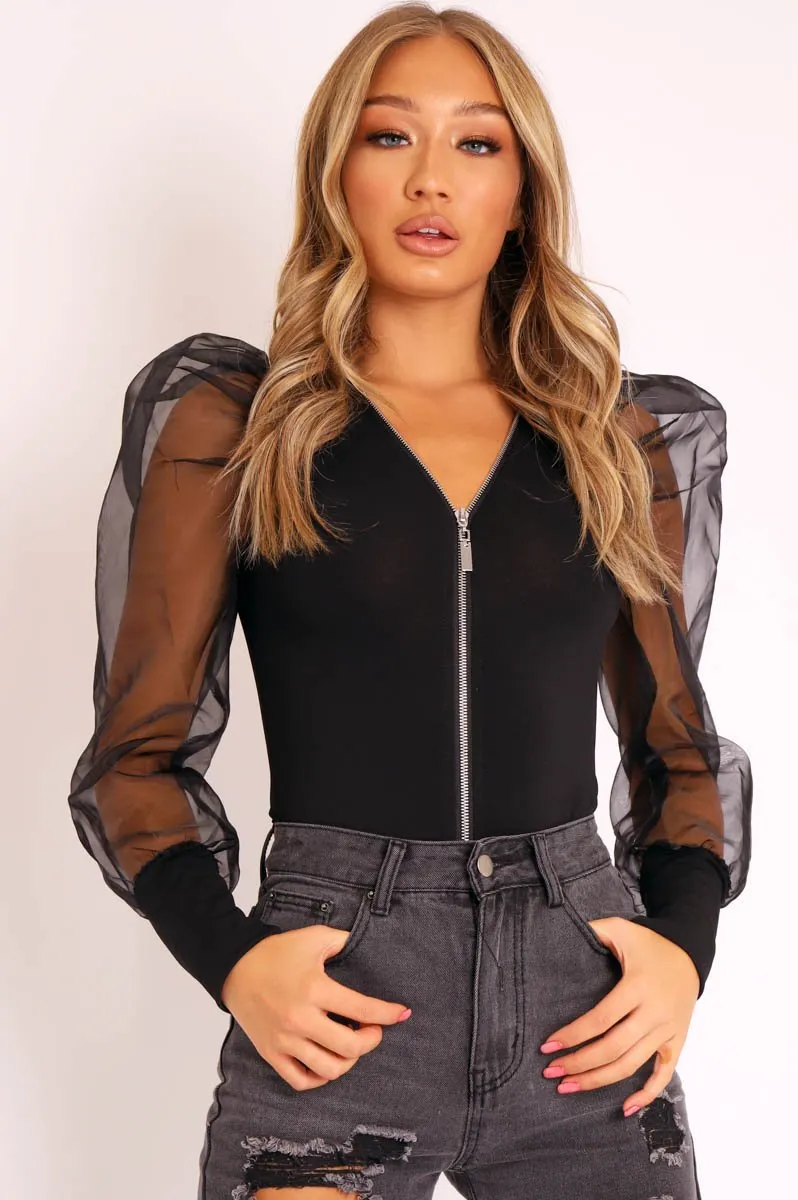 Black Zip Front Sheer Puff Sleeves Bodysuit - Vylet