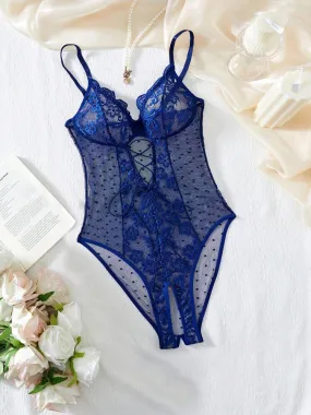 Blue Lace Bodysuit Sheer Crotchless Lingerie