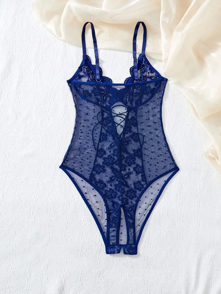 Blue Lace Bodysuit Sheer Crotchless Lingerie