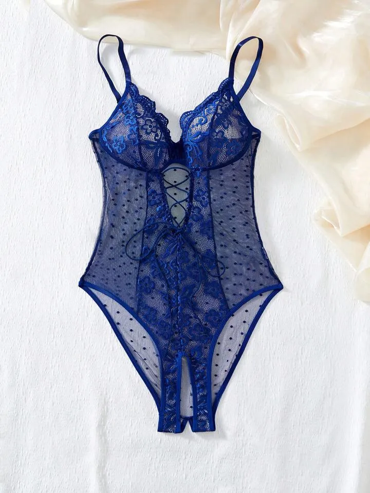 Blue Lace Bodysuit Sheer Crotchless Lingerie