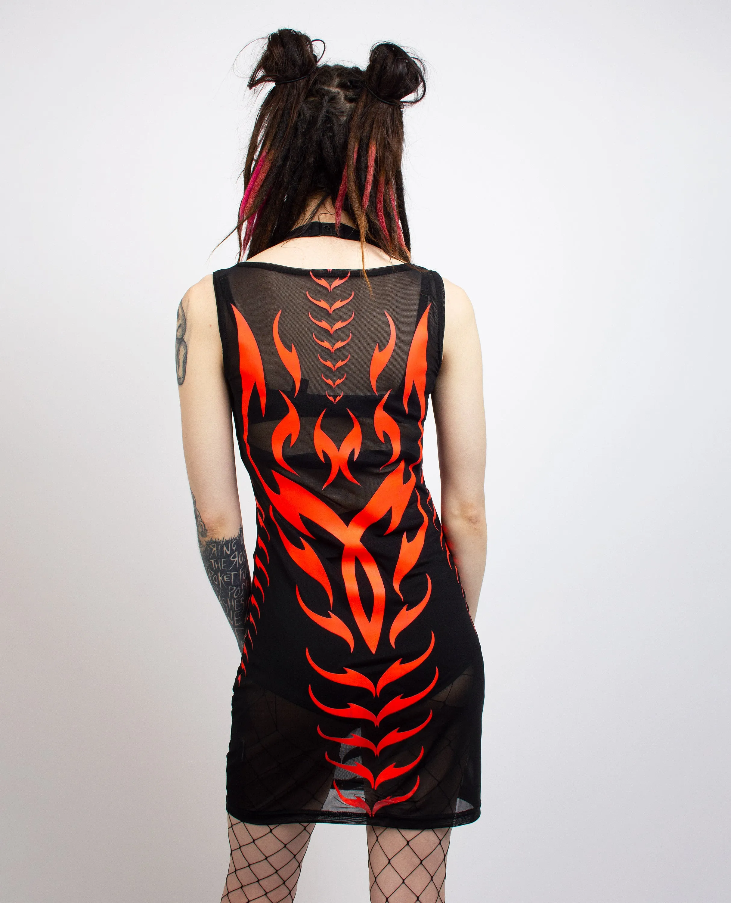 BODYCON MESH DRESS TRIBAL PHOENIX BLACK / RED