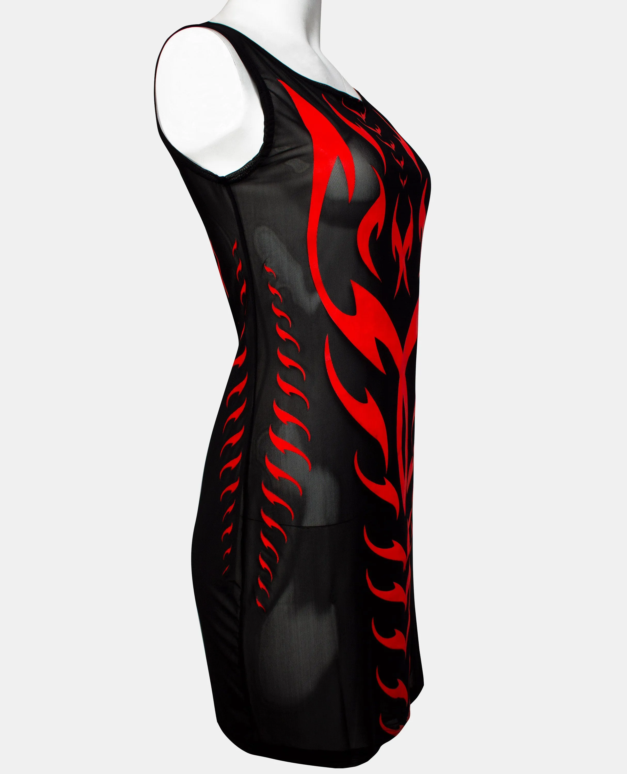 BODYCON MESH DRESS TRIBAL PHOENIX BLACK / RED