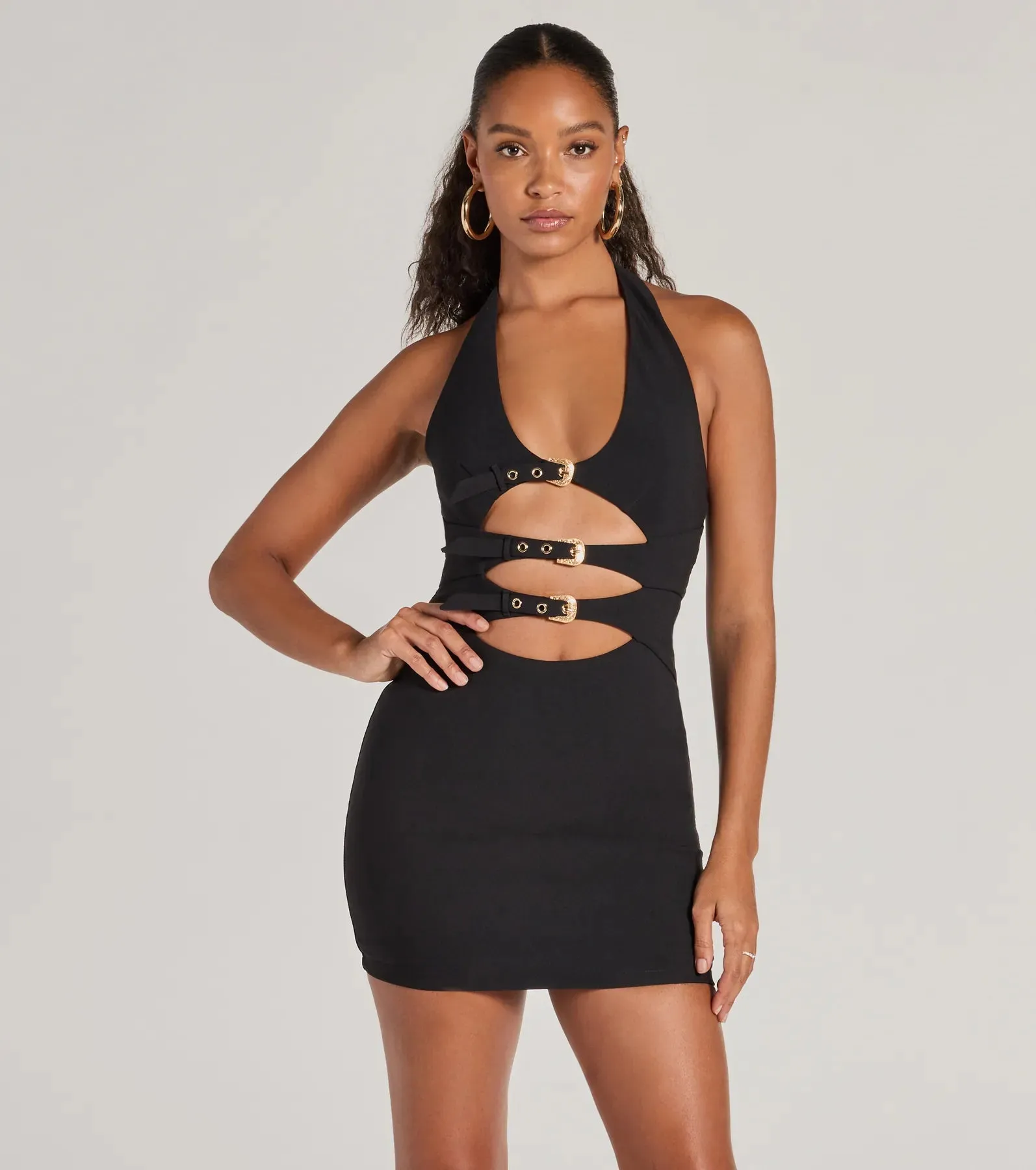 Bold Cutie Halter Buckle Crepe Mini Dress