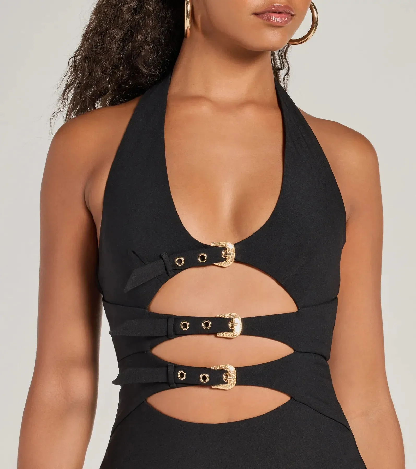 Bold Cutie Halter Buckle Crepe Mini Dress